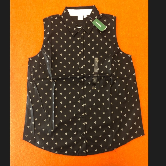 Navy blue and white button down cotton blend sleeveless shirt NWT - Picture 2 of 4
